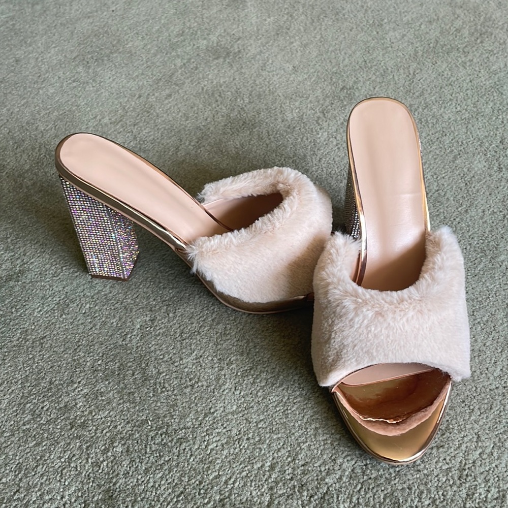 Faux fur chunky heel, rhinestone heels, rose gold